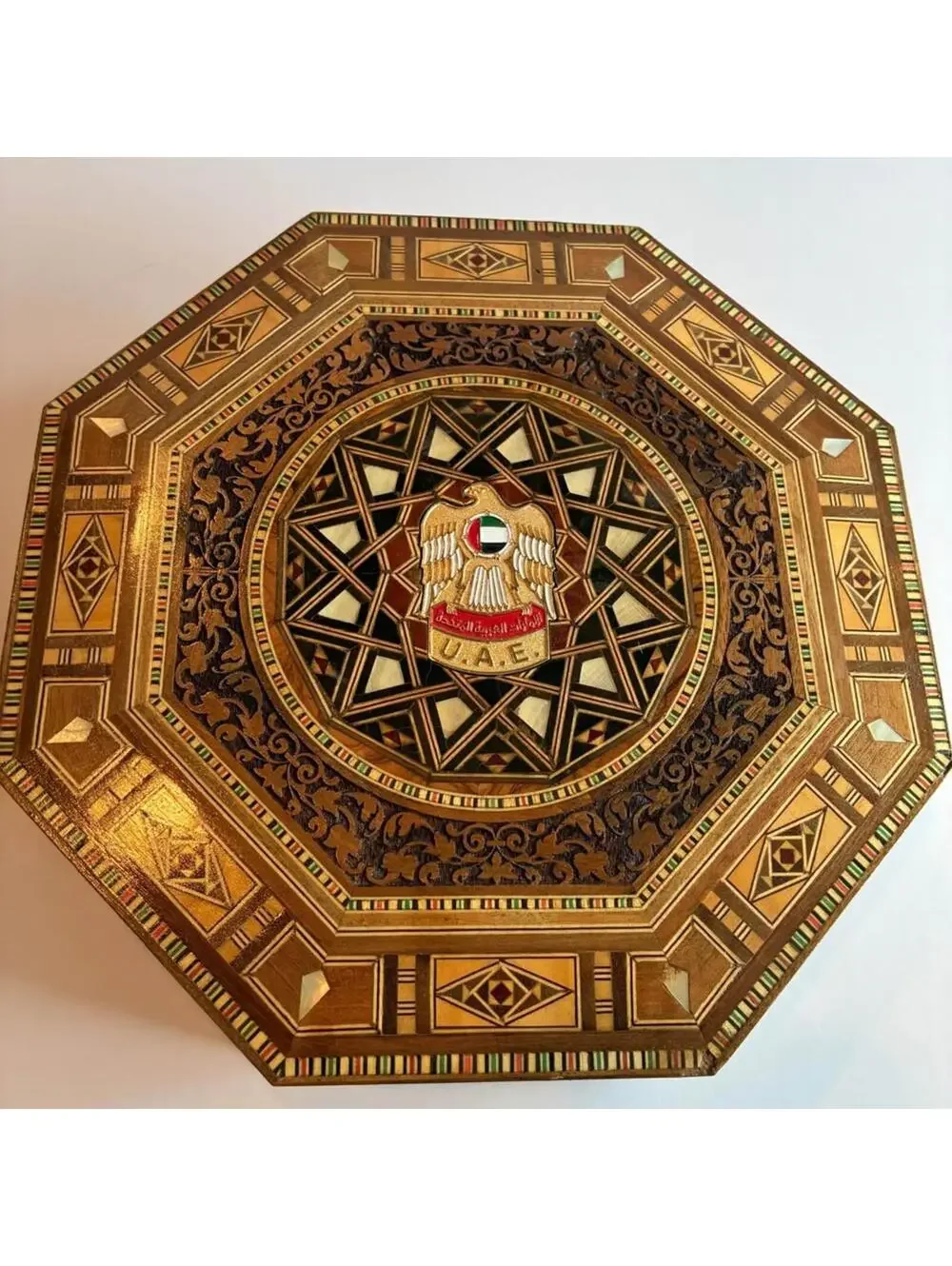 Large UAE Sadeli Marquetry Jewelry Box, Middle Eastern Mosaic Wood Inlay Box